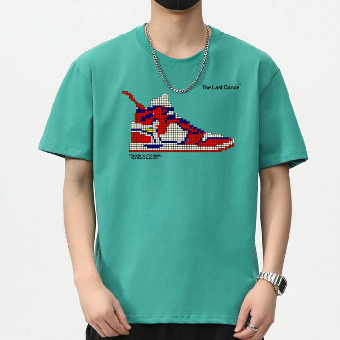 

= Летняя новая мужская футболка с круглым вырезом, принтом и короткими рукавами, тонкая, повседневная, молодежная футболка с рукавами до локтя 5XL зелёный