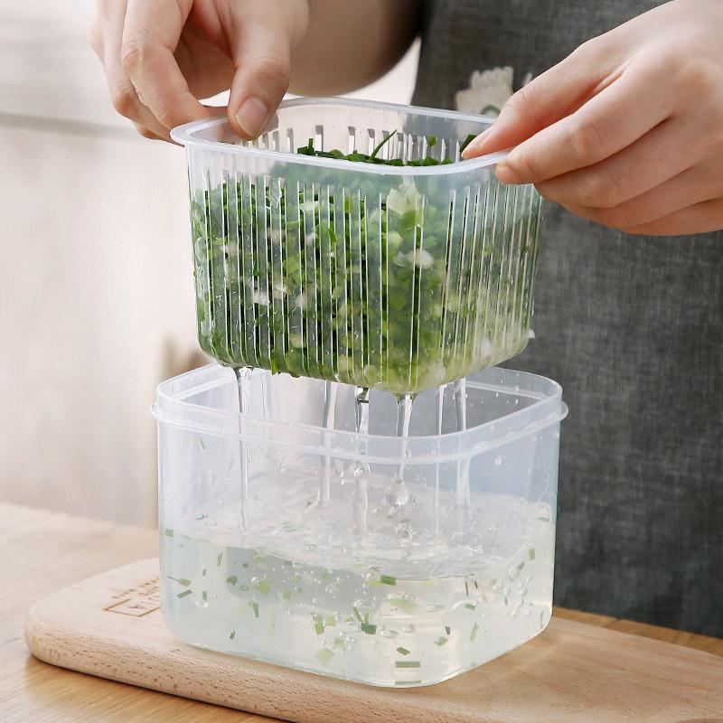 2 Grids Food Fruits Vegetables Storage Box Kitchen Ginger Garlic Box with Drain Basket for Kitchen Fresh-keeping Food Storage1PC