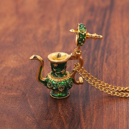 Vintage Enamel Green Teapot Pendant Long Chain Women Sweater Necklace Jewelry