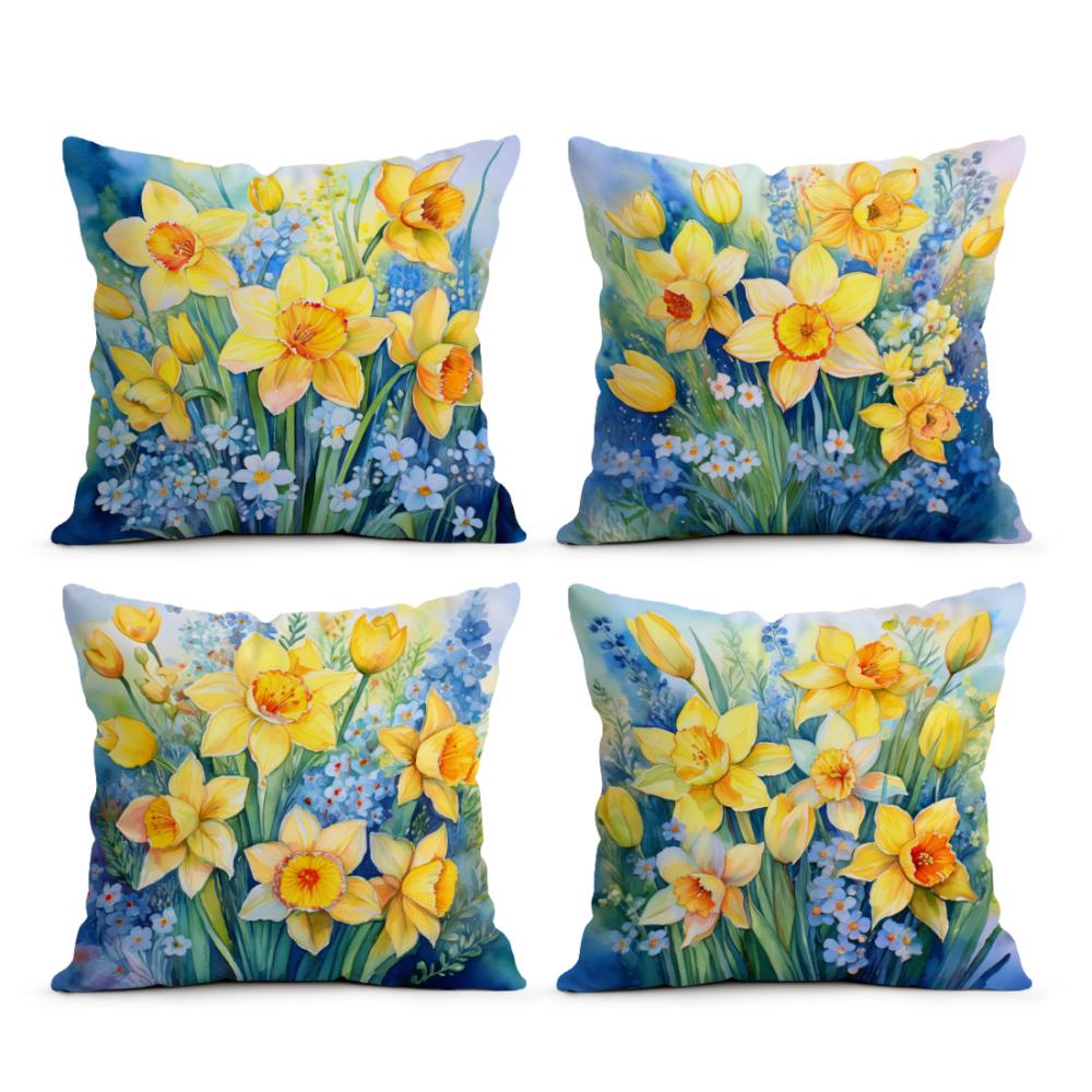 Blue And Yellow Flower Pillowcases Bedroom Living Room Sofa Home Decor Polyester Cushion Cover With Zipper