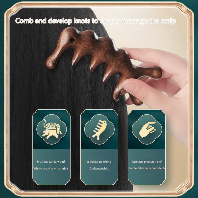Five Teeth Sandalwood Massage Comb Head Face Nose Eye Shoulder Neck Scraping Comb Anti-Static Anti-Hair Loss Meridian Massage