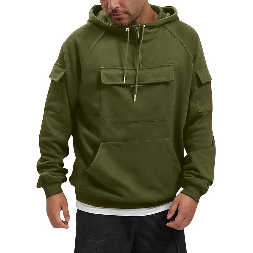 Men's Cargo Hoodie | Drawstring Multi-Pocket, Solid Color For Outdoor & Casual Wear