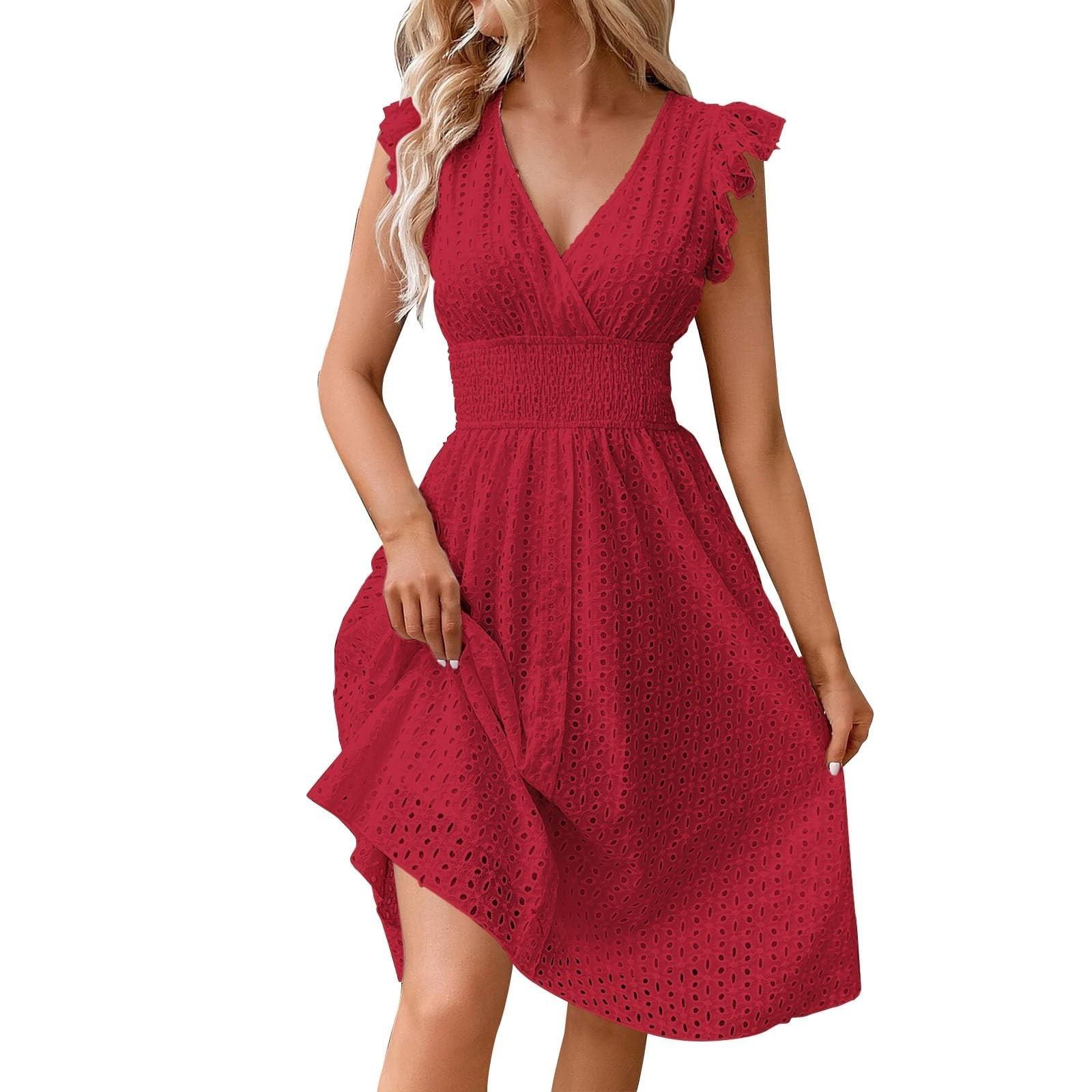 Women s Fashion Ruffle Sleeve Mid-Length V-Neck Lace Hollow Color Casual Dresses XL винный