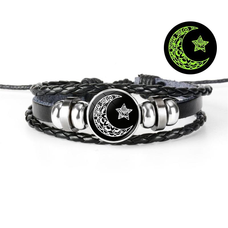 Luminous Sun and Moon Lovers Leather Bracelet - Vintage Punk Multilayer Beaded Design, Ideal Couple Gift