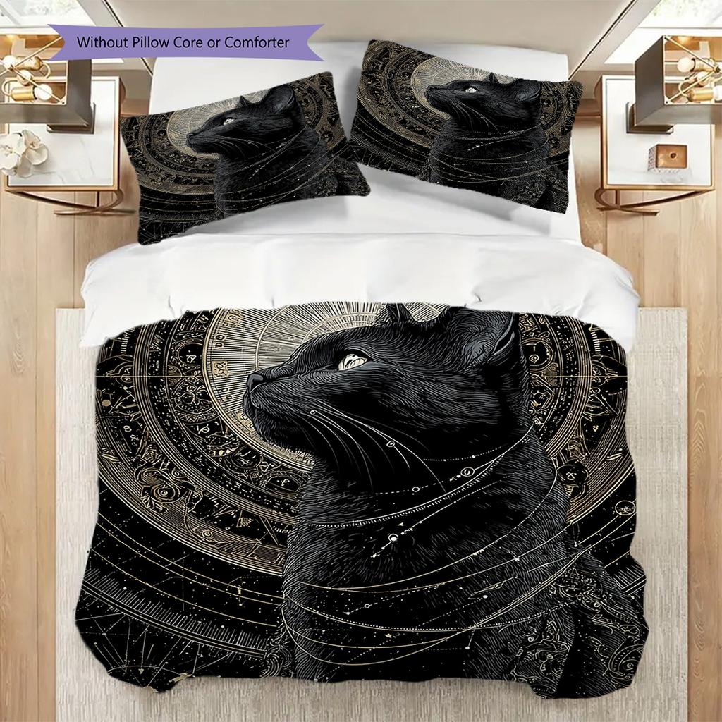Black Cat Pattern Bedding Quilt Set Quilt Cover Pillowcase Home Decoration Birthday Gift (1 * Duvet Cover + 2 * Pillowcase, Without Core)