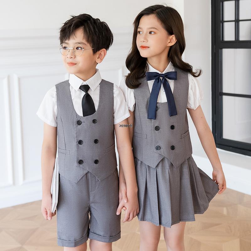 Boys Girls Summer Royal Blue Vest Shorts/Skirt Photograph Dress School Kids Uniforms Children's Day Performance Dance Costume