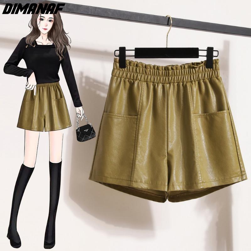 DIMANAF 2023 Plus Größe Herbst Winter Shorts Frauen Neue Schwarz PU Leder Casual Lose Breite Bein Hosen Kurze Hosen