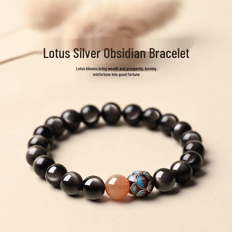 Black Obsidian Lotus Seed & Sunstone Crystal Bracelet - Buddhist Beads Jewelry for Men and Women