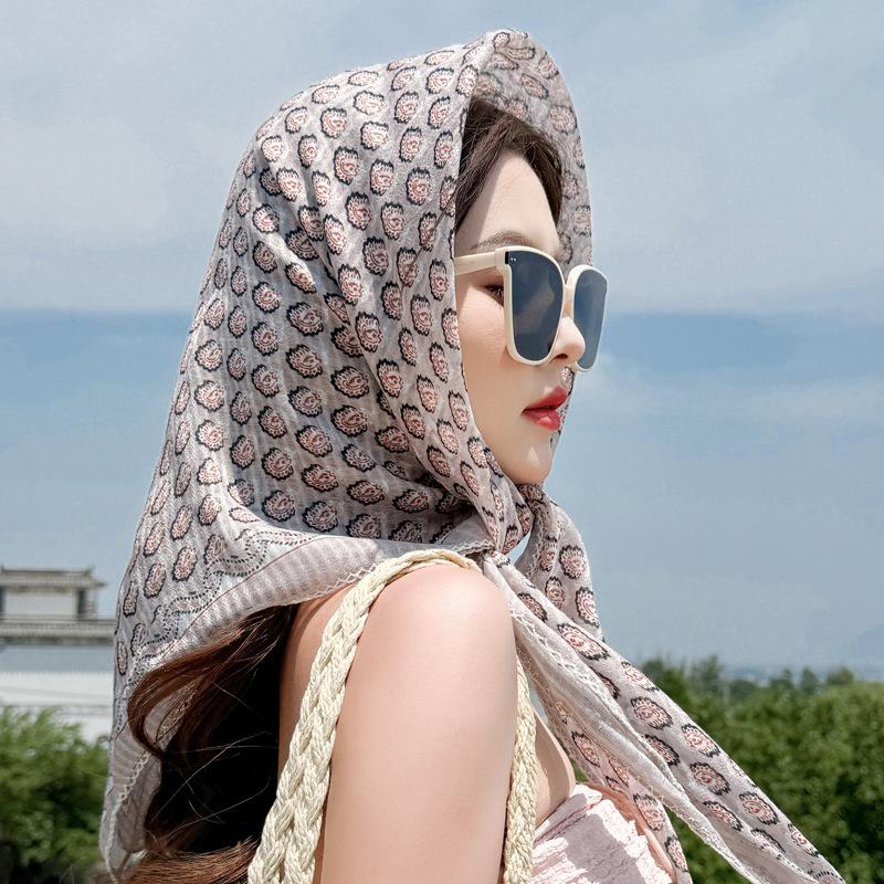91CM large square scarf women's Japanese retro cashew flower cotton and linen silk scarf temperament lace thin sunscreen shawl headscarf