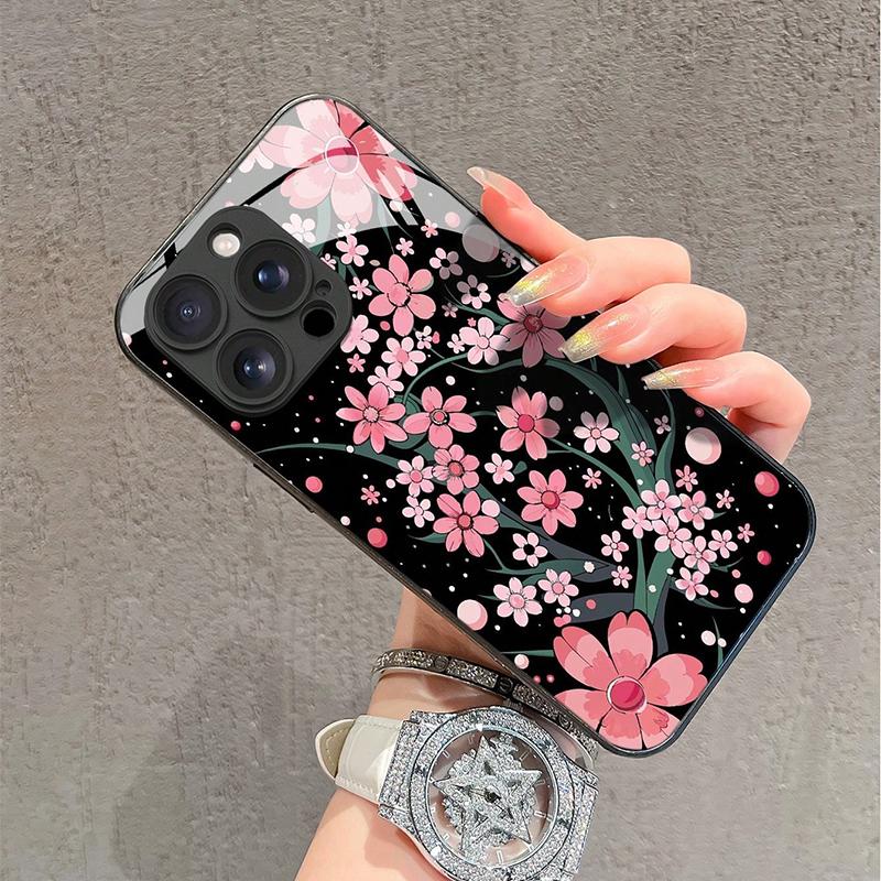 Pink Sakura Floral Pattern Tempered Glass Phone Case For iPhone 17 16 15 14 13 12 11 Pro Max 17Air 16E 7 8 Plus XR XS X Cover