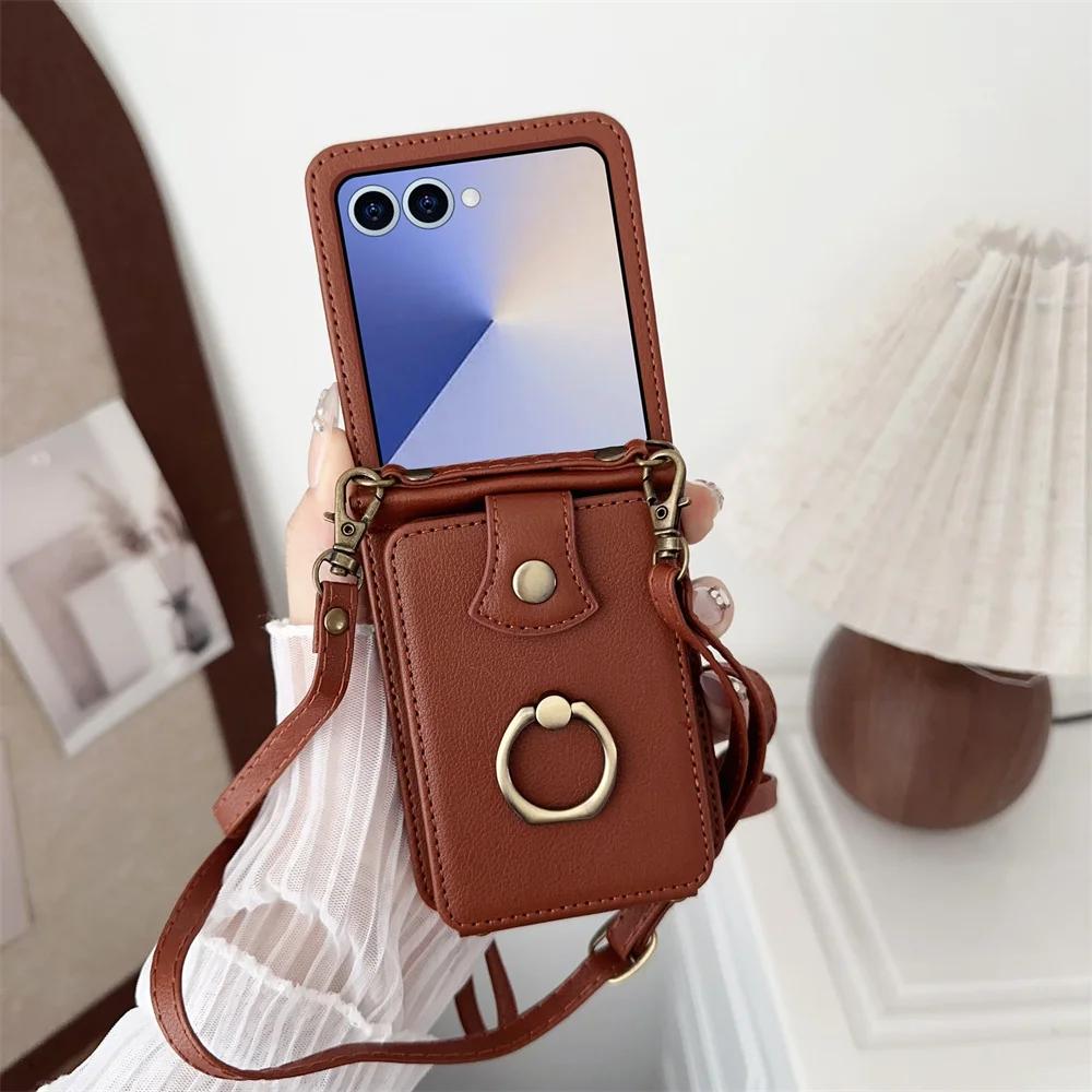 Crossbody Leather Finger Ring Holder Cards Solt Wallet Phone Case for Samsung Galaxy Z Flip 7 6 5 4 3 Flip7 FE Protective Cover