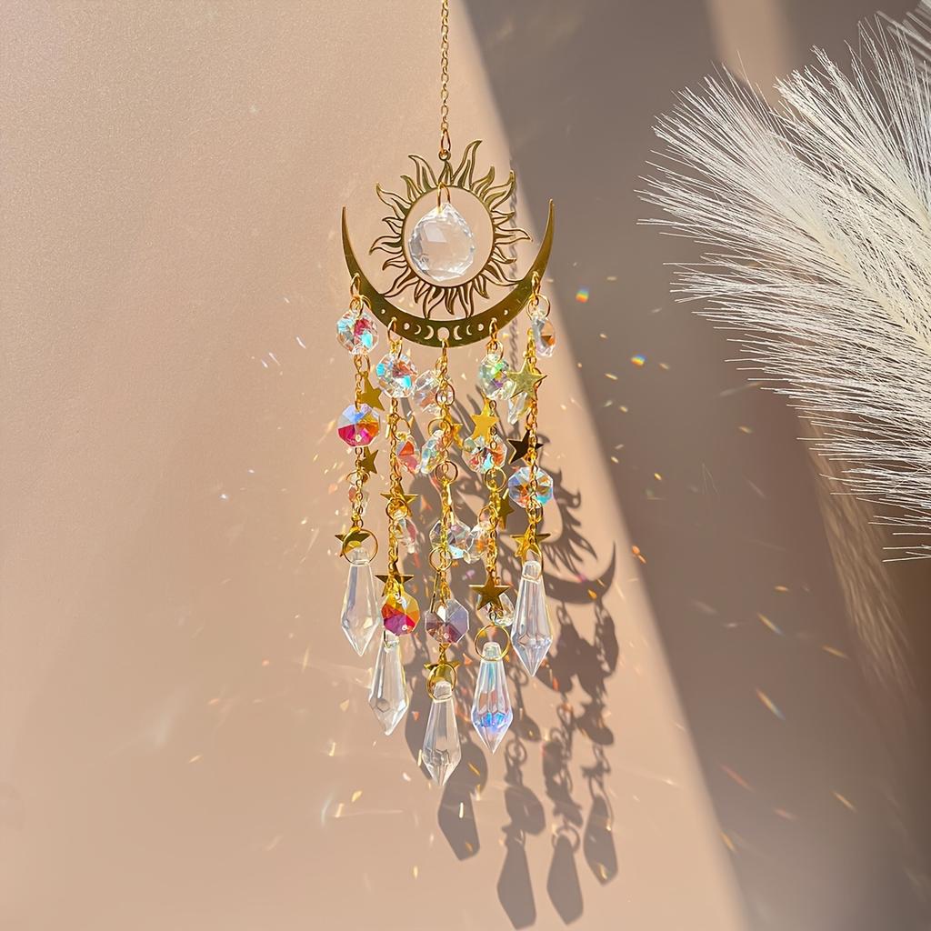 1pc Gold Flame Moon Crystal Pendant Sunlight Catcher Outdoor Garden Ab Colourful Hanging Decorations Hanging Ornaments