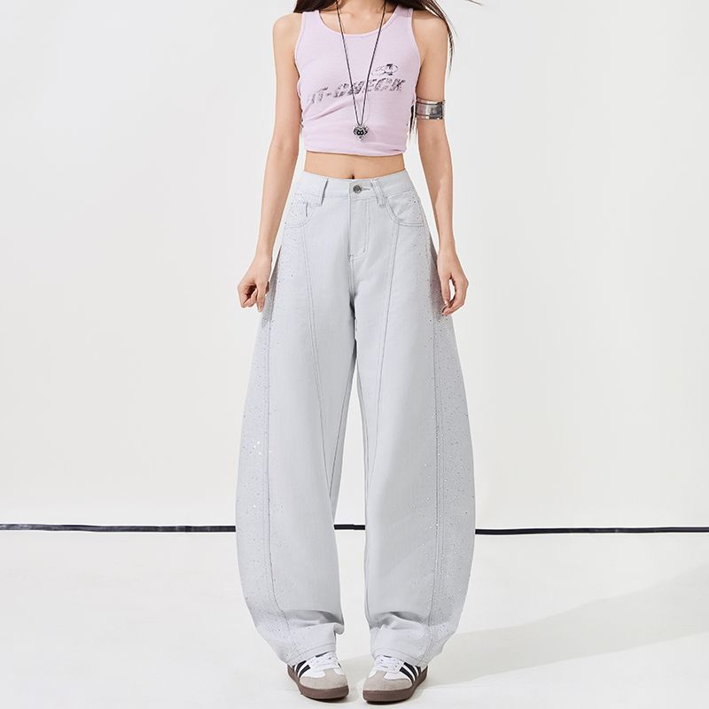 Spring Summer Fashion Full Star Rhinestone High Waist Relaxed Drape Floor Saber Cut Denim Pants For Women Casual Pants Oversize Denim Trousers