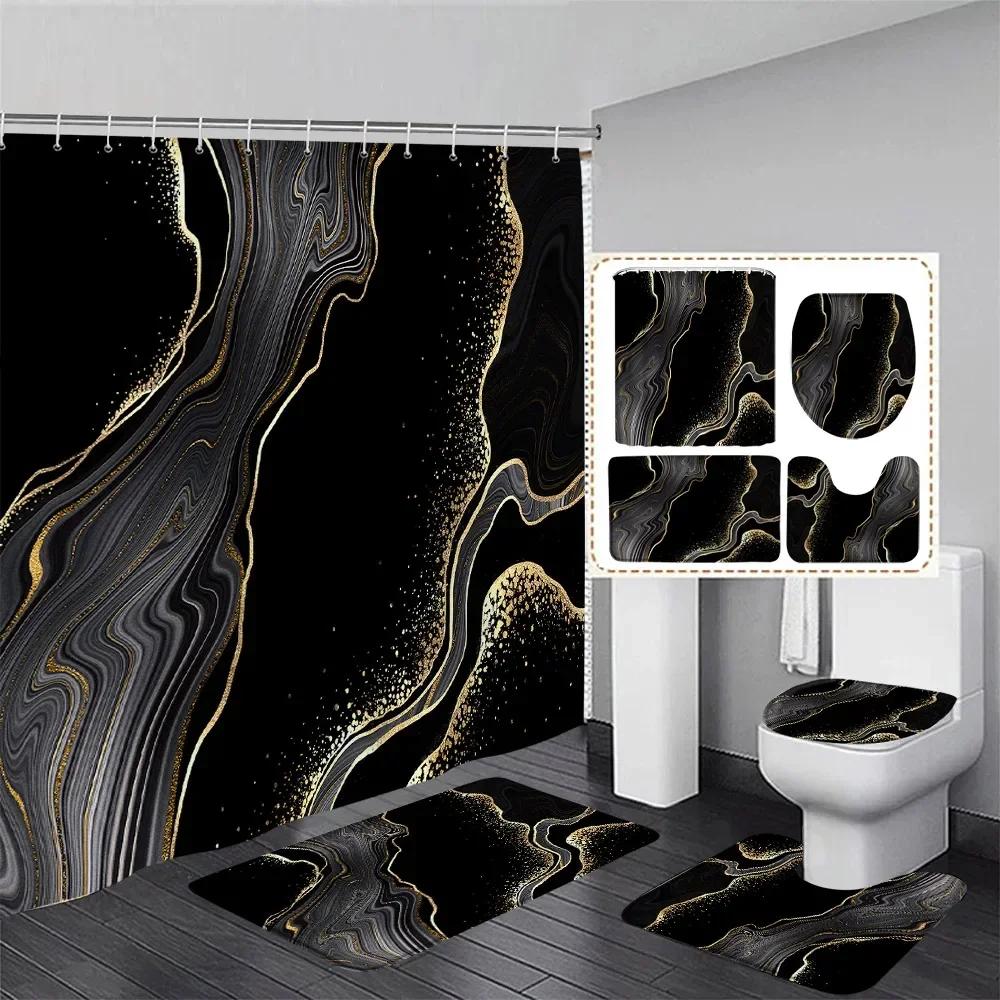 Abstract Pink Marble Shower Curtain Set Gold Textured Modern Geometric Ink Art Bathroom Decor Door Rug Bath Mat Toilet Lid Cover