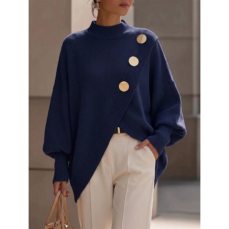 HNXC Women's Long Sleeve Mock Neck Asymmetric Sweater Fashion Casual Autumn Winter Loose Sweaters Classic Exquisite