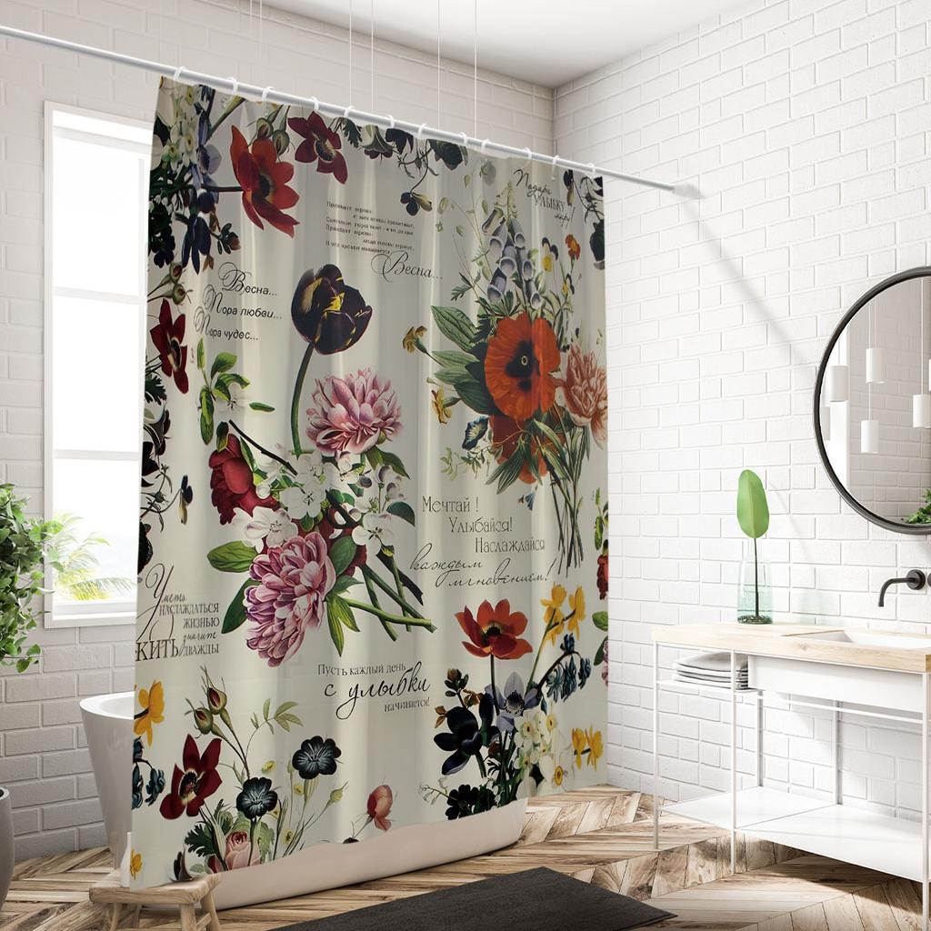 1PC retro flowers pattern printed shower curtain, waterproof and washable, with 12 hooks, bathroom showers, bathtub, home use