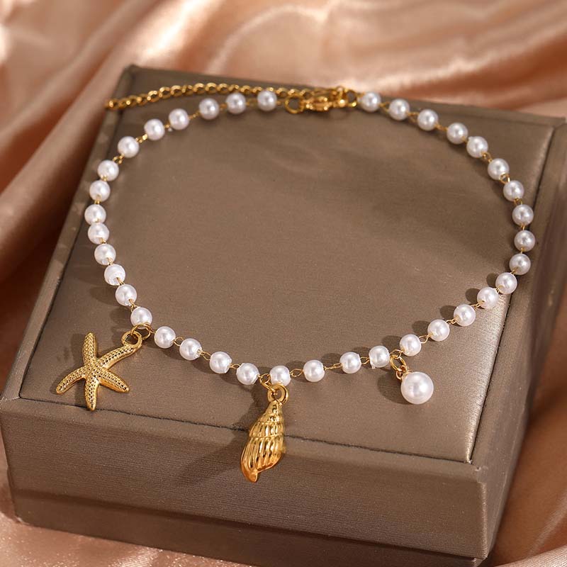 Stainless Steel Metal Shell Starfish Pendant Anklet For Women Bohemian Gold Color Imitation Pearl Beaded Anklet Beach Zircon