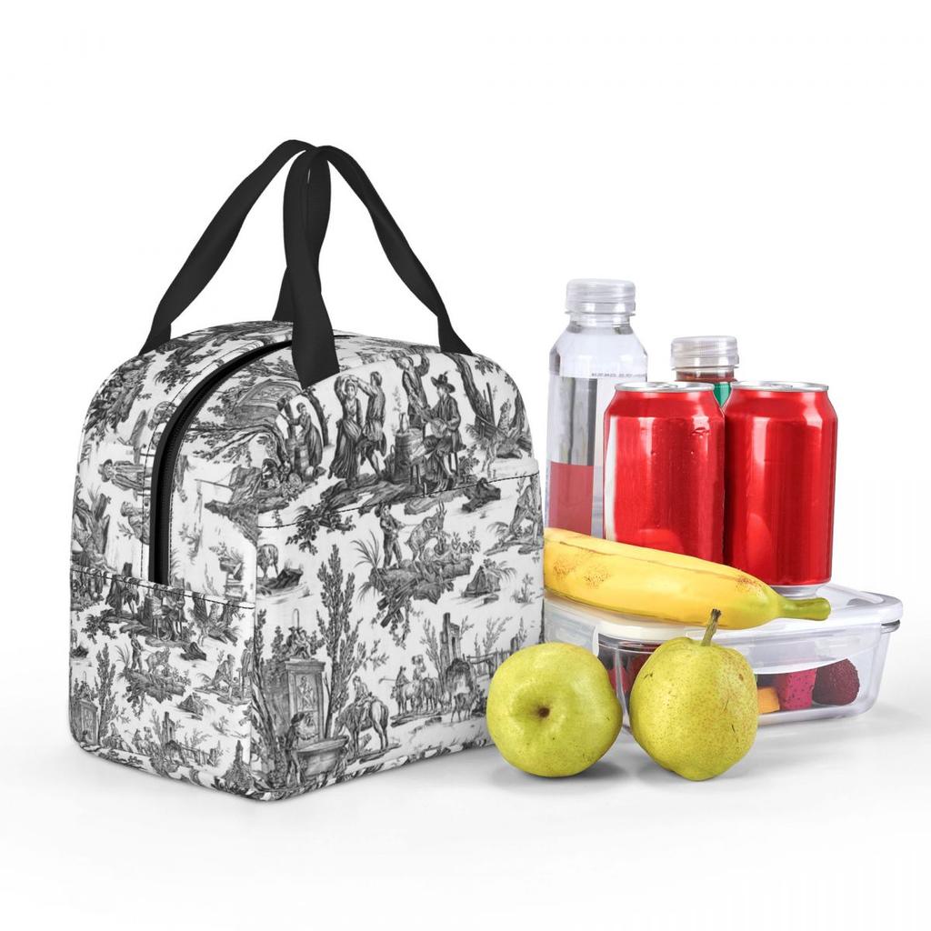 Black And White Toile De Jouy Insulated Lunch Bag for Women Children Leakproof Food Boxes Thermal Lunch Box Tote
