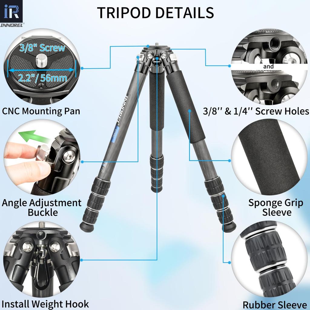 INNOREL Camera Tripod Carbon Tripod Single Lens Reflex Tripod with Ball Head 4 Steps Telescopic Working Height Pipe Diameter 25KG Maximum Load