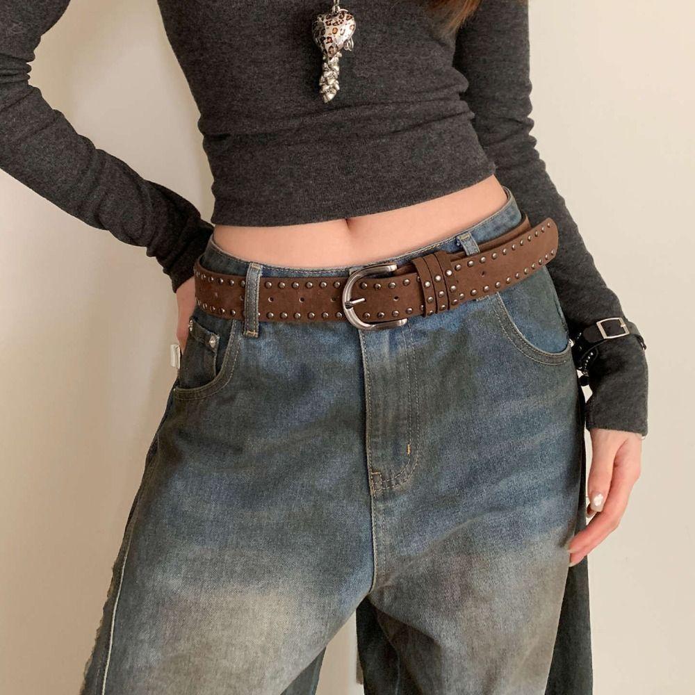 Trendy Pin Buckle Suede Leather Belt Luxury Design Versatile Rivet Waistband Women Maillard Waist Belt Coat Skirt Decoration