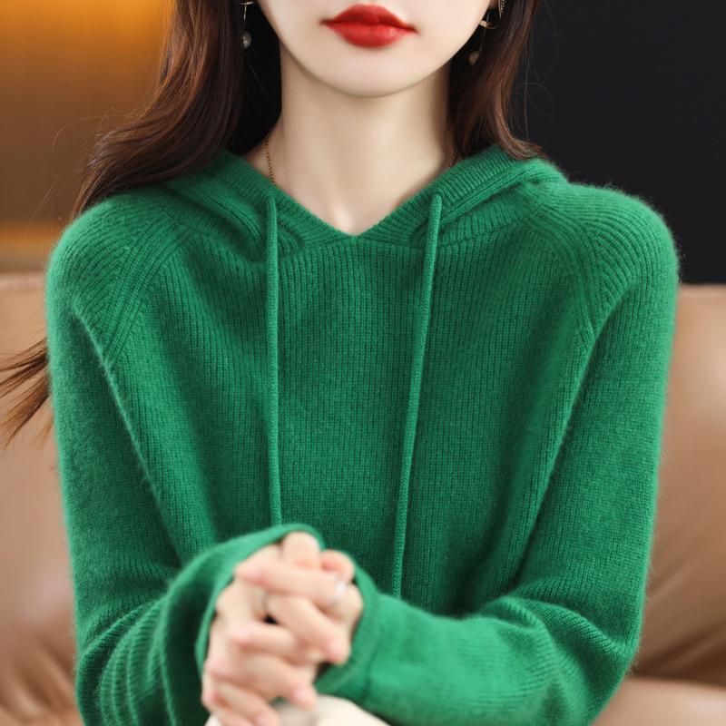 Women's 100% Wool Hooded Sweater - New Autumn/Winter Cashmere Knit Base Layer Hoodie