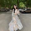 Retro Oil Painting Style Printing Suspender Dress Summer Atmosphere Super Fairy Romantic High Waist Thin Long Dress Temperament Skirt