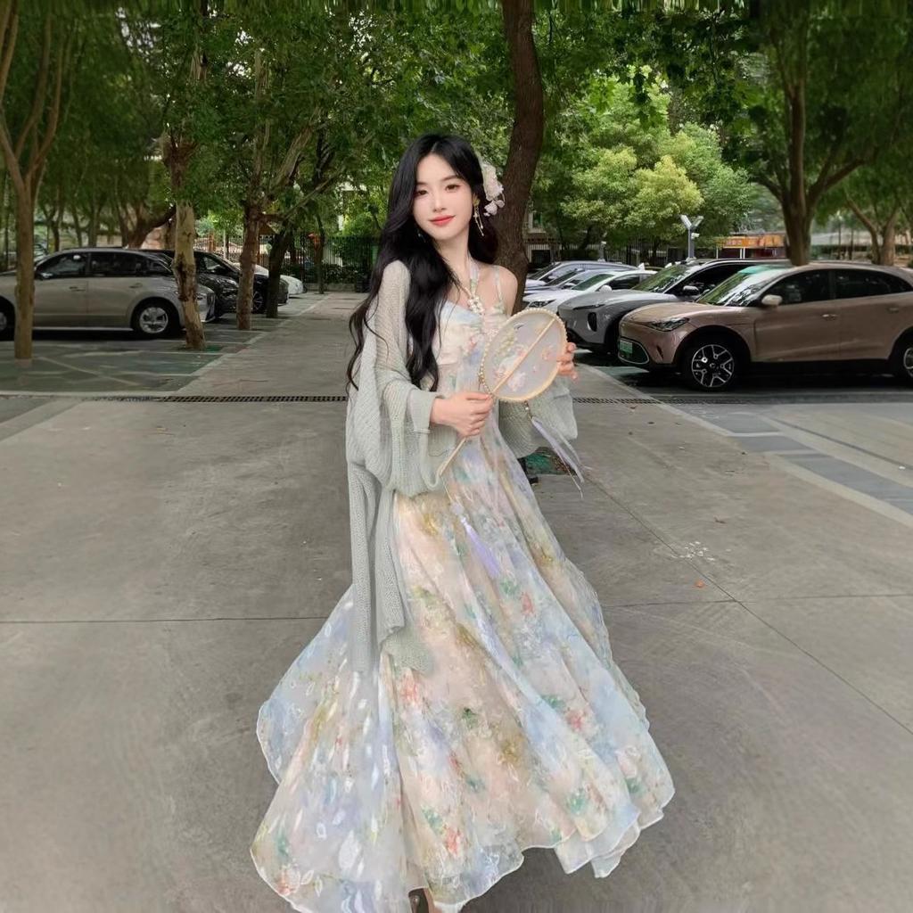 Retro Oil Painting Style Printing Suspender Dress Summer Atmosphere Super Fairy Romantic High Waist Thin Long Dress Temperament Skirt