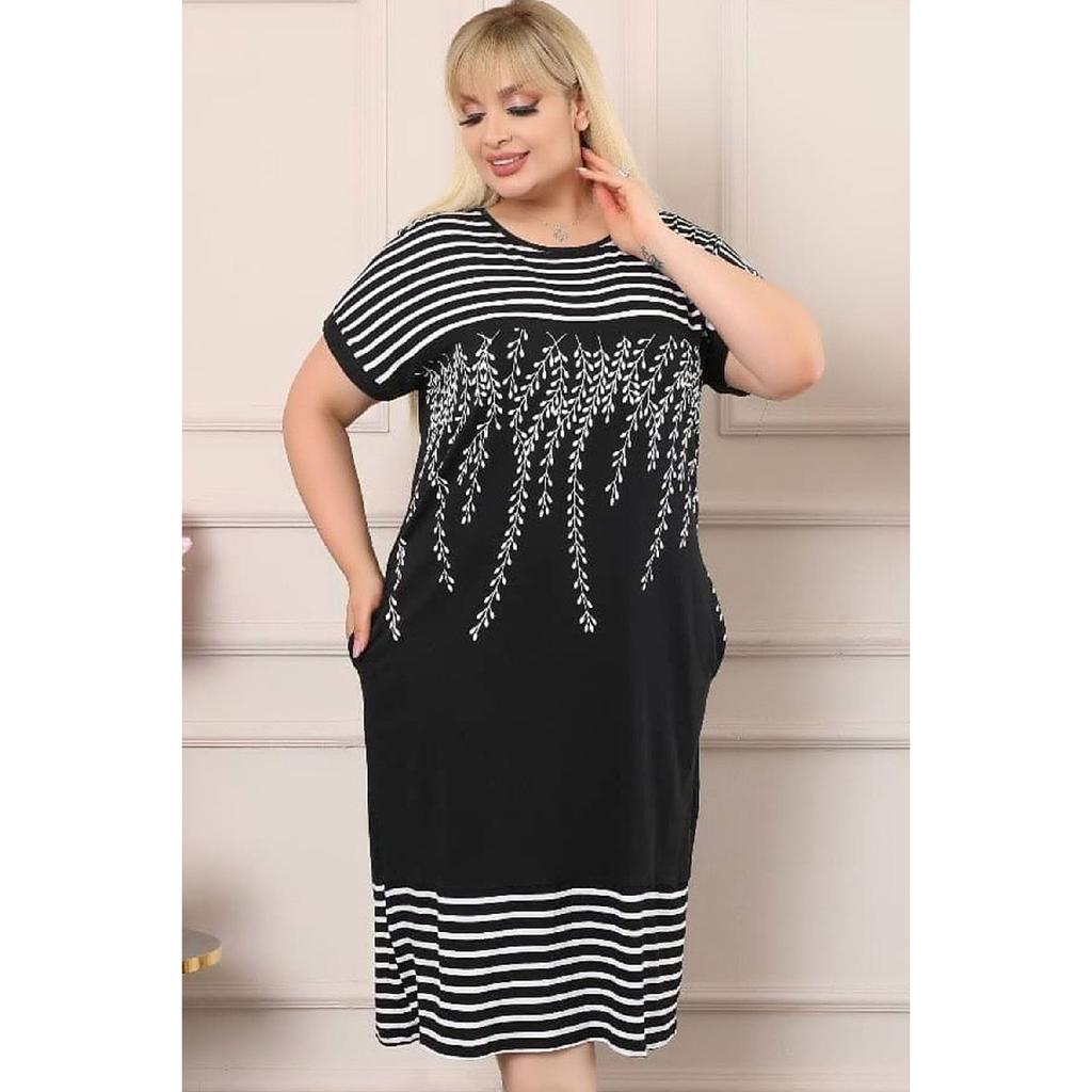 Olive Branched Striped Round Collar Block Short Sleeve Comfortable Dress