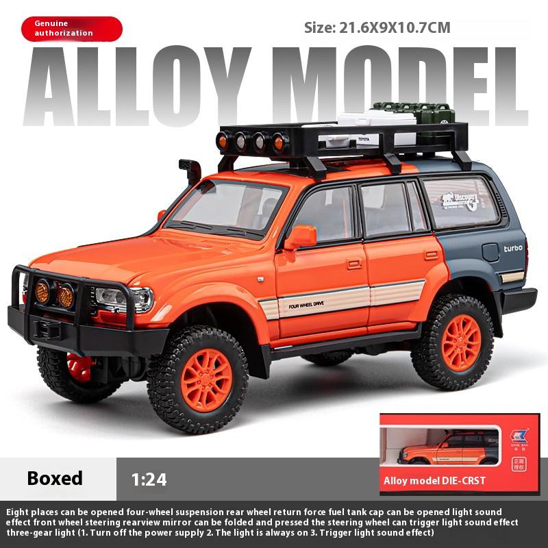 Model ze slitiny Toyota FJ Cruiser Camper v měřítku 1/24, chladný zvuk a světlo, otevíratelný na mnoha místech karoserie, čtyřkolový tlumič