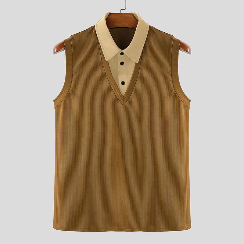 INCERUN Canotte a Costine Casual Larghe da Uomo con Risvolto Scollo a V Senza Maniche Cuciture