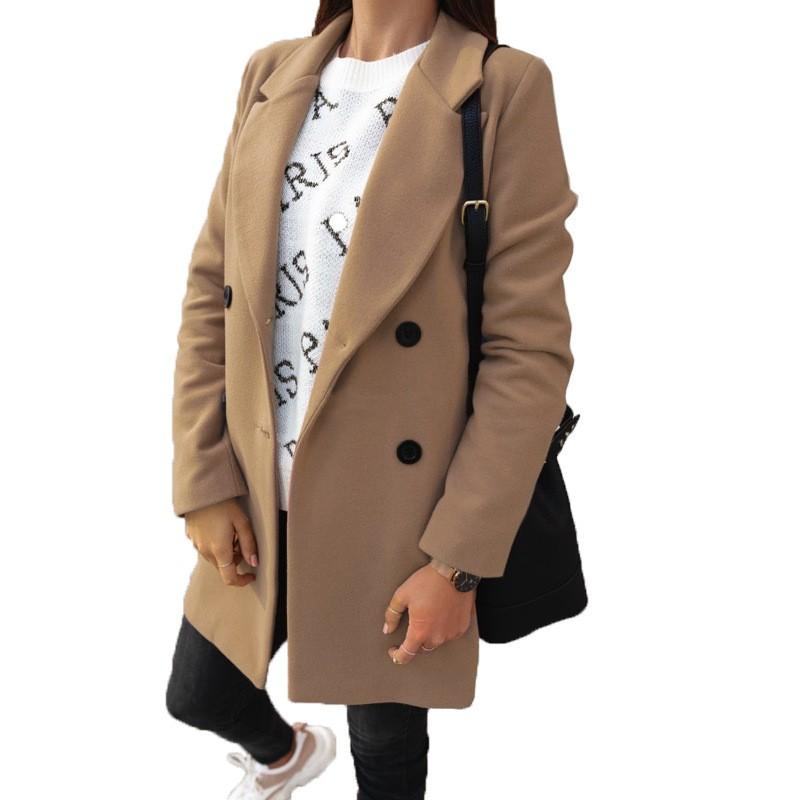 Womens Solid Color Long Sleeve Double-Breasted Wool Blend Coat With Notched Lapel Slim Fit Mid-Length Winter Outerwear