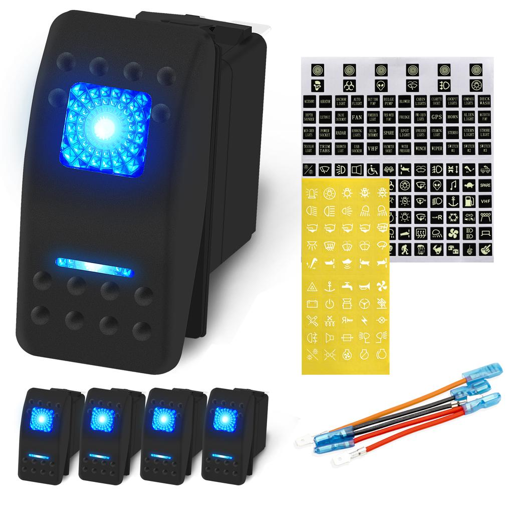 DaierTek 5PCS UTV Car Rocker Toggle Switch 20A 12V Blue LED Lighted Waterproof Rocker Switch 5 Pin ON/Off for Marine Boat ATV