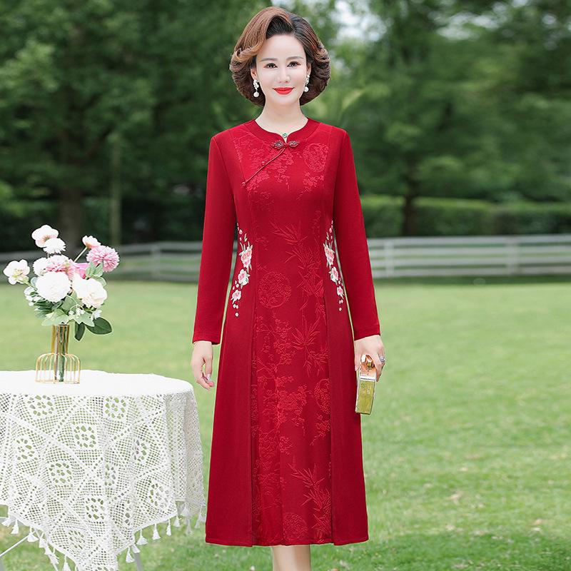 Mamas ethnischer Stil Frühlings-Cheongsam: Elegantes zweiteiliges Hochzeits- und Abendkleid für Frauen mittleren Alters und ältere Frauen