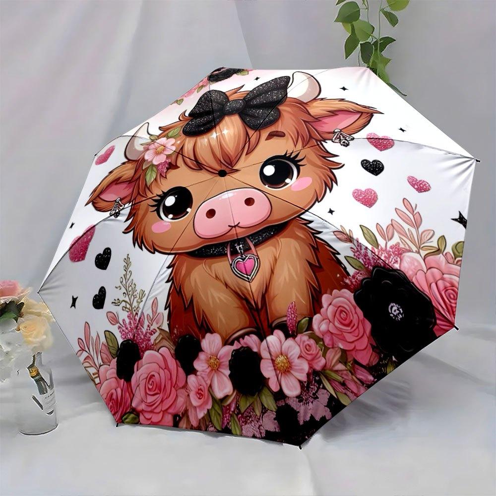 Women s Cute Cow Print Umbrella with Hearts & Bows - Open/Close, 8-Rib Compact Folding Umbrella with Pink Bow & Heart-Shaped E