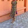 Spot summer European and American women's clothing fashion contrasting color printed long dress elegant slim V-neck short sleeves, even
