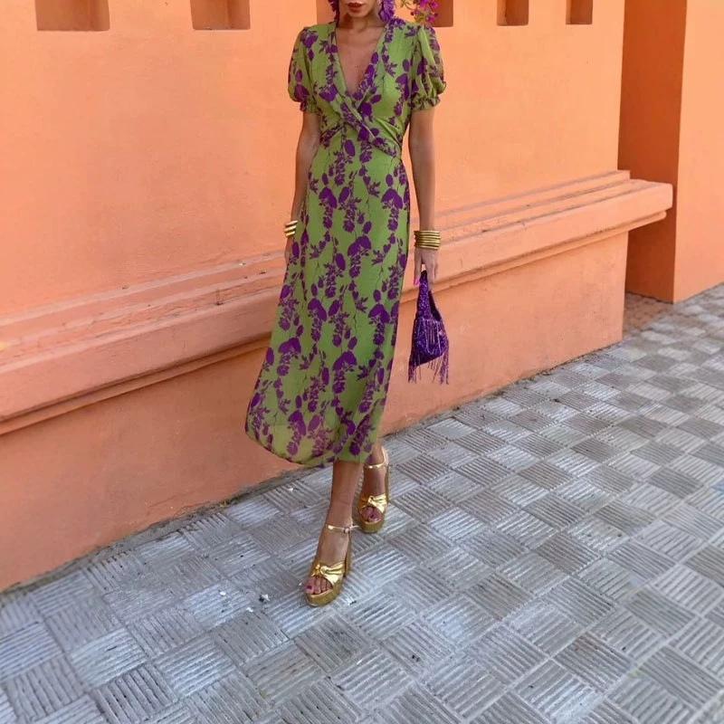 Spot summer European and American women's clothing fashion contrasting color printed long dress elegant slim V-neck short sleeves, even