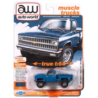 Auto World - 1/64 Scale PREMIUM RELEASE 3 1981 CHEVY SILVERADO STEPSIDE (MEDIUM BLUE) AW64452A-05