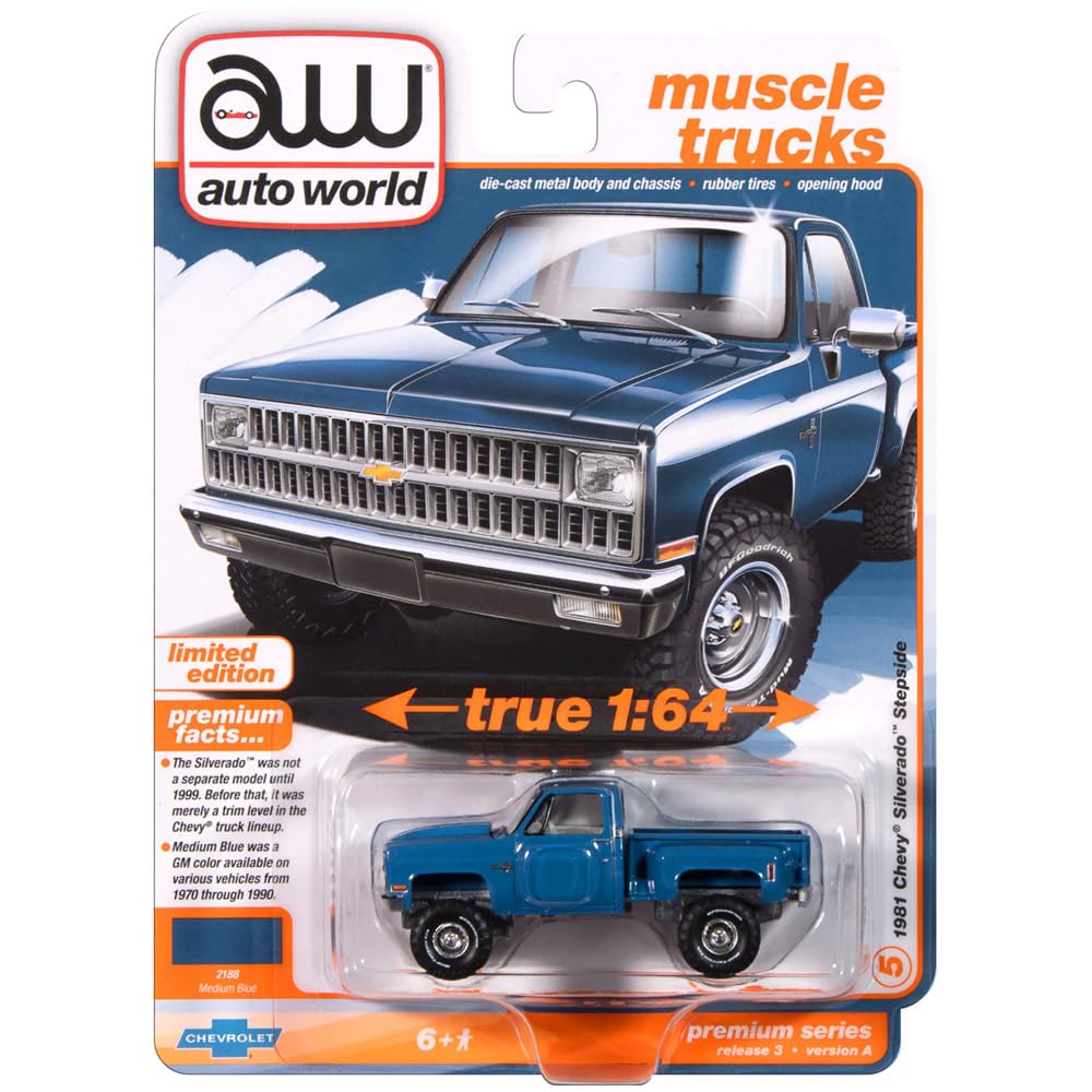 auto world - 1/64 scale PREMIUM RELEASE 3 1981 CHEVY SILVERADO STEPSIDE (MEDIUM BLUE) AW64452A-05