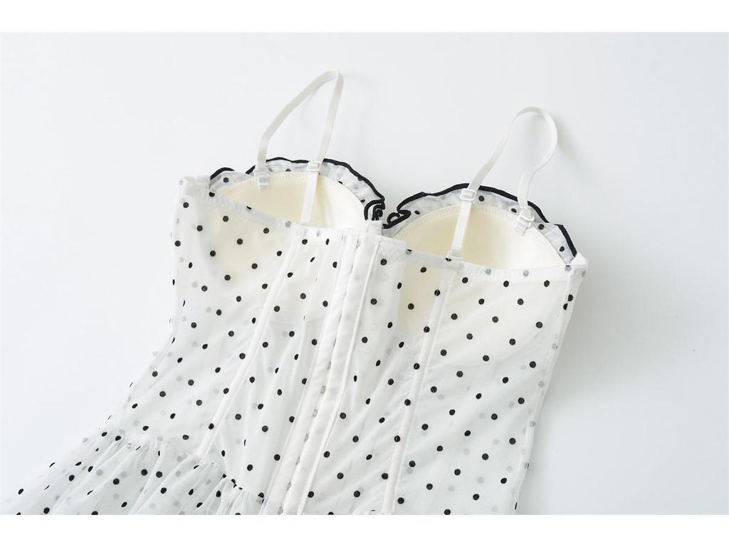 Korean Elegant Polka Dot Ruffle Camisole, Slim Fit with Chest Pads, Waist-Cinched, Flattering Lace Top for Women