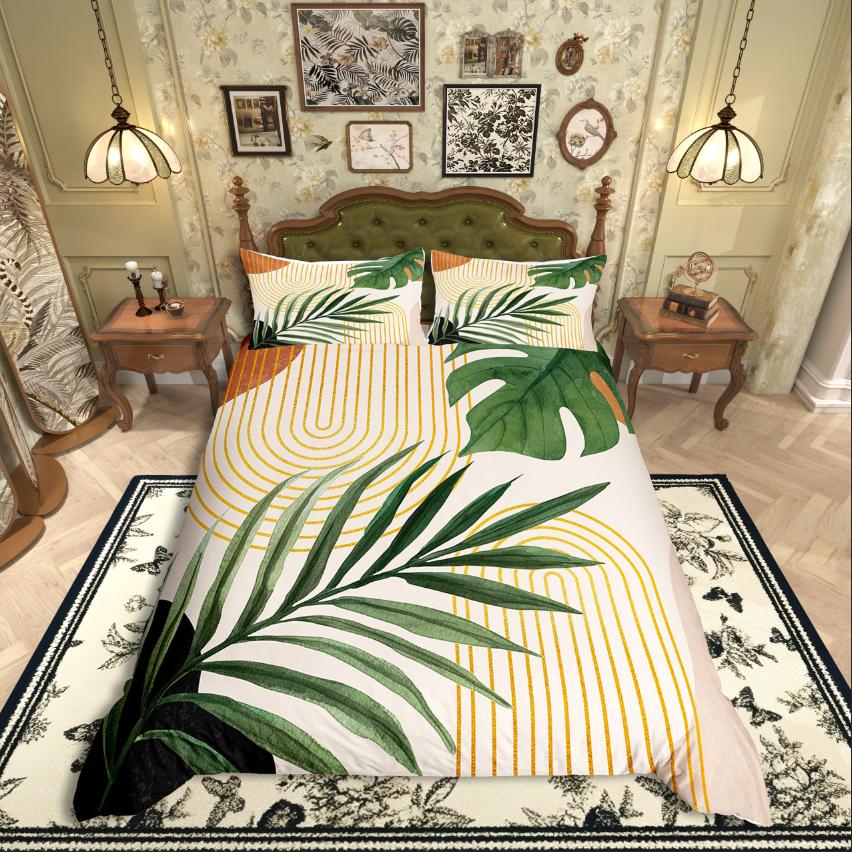 Homewish Trädblad Påslakanset,Geometriska Ränder Sängkläder,Mid Century Täcke Set