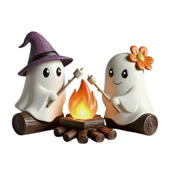 Ghost Campfire Gathering Halloween Decor Cute 2 Ghost And Bonfire Figurine Resin Ghost Night Light for Home Mantel Shelf Desk Decor