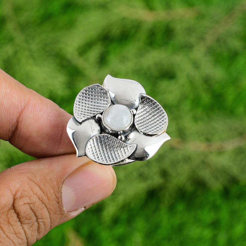 Mehrstein Blumen Verstellbarer Ring 925 Silber Natürlicher Regenbogenmondstein
