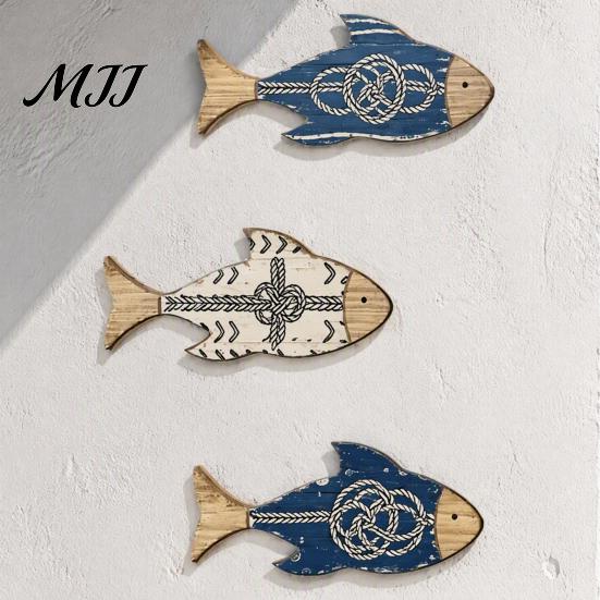 Ocean Inspired Home Accents 3Pcs/Set Wooden Fish Wall Decor, Nautical Knot Print Decorations, Coastal Beach House Ornaments Style Art for Bathroom
