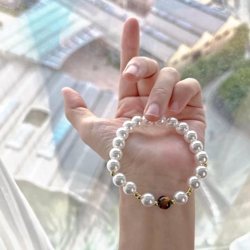 Vintage Maillard Style Natural Tiger'S Eye Stone Artificial Imitation Australian White Pearl Bracelet