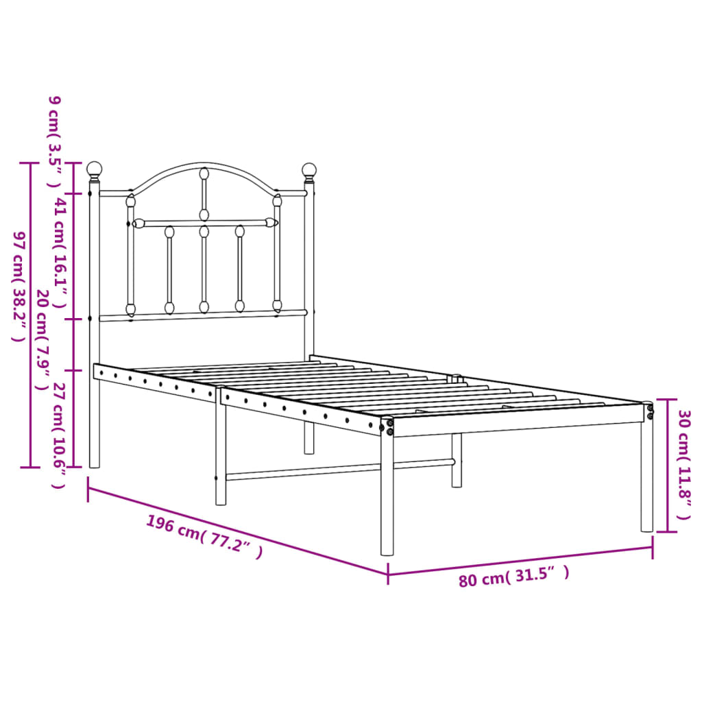 Metal bed frame without mattress with headboard white 75 x 190 cm