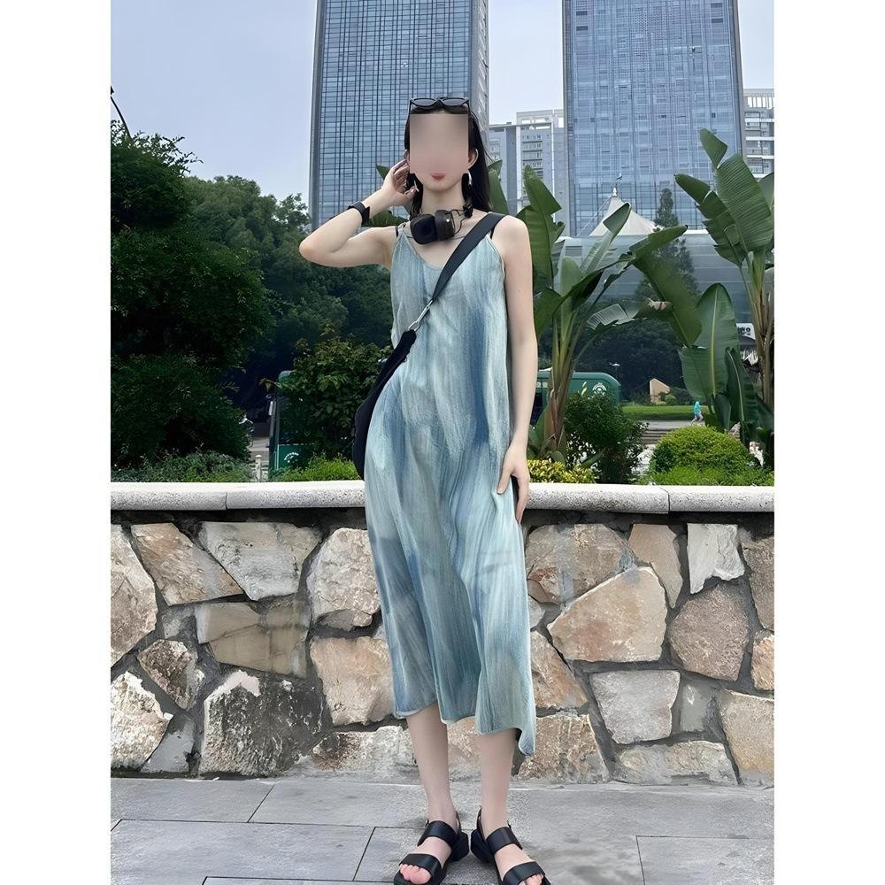 Retro Tie-dye Suspender Dress Women's Summer Loose Lazy Wind Sanya Seaside Vacation Beach Long Skirt
