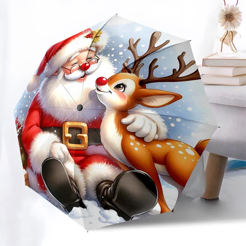 

1pc Christmas Santa Claus Deer Automatic Opening/Closing Umbrella, Portable Tri-Fold Design with 8 Iron Ribs, Outdoor, Gift for Fans, Travelers, Daily