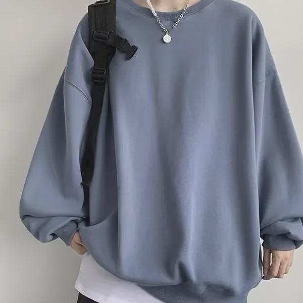 2024 Men’s Hong Kong-Style Solid Color Sweatshirt – Spring/Autumn, Loose Fit, Large Size, Round Neck, Trendy Korean Couple's Top