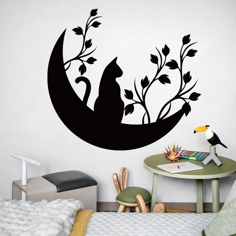 Black Moon Cat Wall Stickers Stars Home Bedroom Decor Peel and Stick Wall Art Removable Vinyl Decals for Room Beautification
