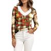 Women's Long Sleeve Christmas Print V-Neck Top with Plush Furry Collar Snowflake and Christmas Tree Design